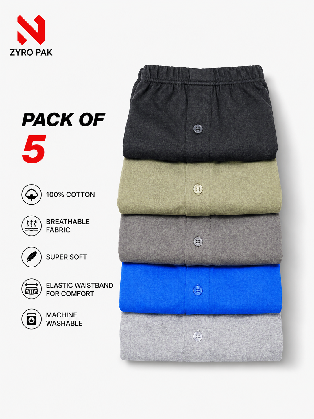 Zyro Premium Boxers export Quality Pack of Five